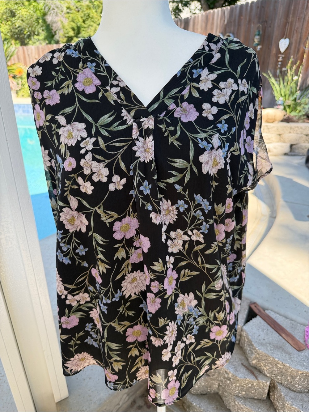Black Floral V-Neck Blouse with Pink & Green Flowers